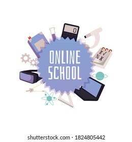 Emblem of Stem education - science, technology, engineering, mathematics. E-learning and distance online school for children. Flat isolated vector illustration