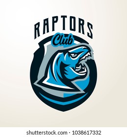 Emblem, sticker, badge, dinosaur head logo. Predator Jurassic, a dangerous beast, an extinct animal, a mascot, a jaw and sharp teeth. Lettering, shield, printing. Vector illustration