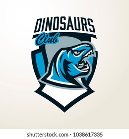 Emblem, sticker, badge, dinosaur head logo. Predator Jurassic, a dangerous beast, an extinct animal, a mascot, a jaw and sharp teeth. Lettering, shield, printing. Vector illustration