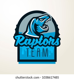 Emblem, sticker, badge, dinosaur head logo. Predator Jurassic, a dangerous beast, an extinct animal, a mascot, a jaw and sharp teeth. Lettering, shield, printing. Vector illustration