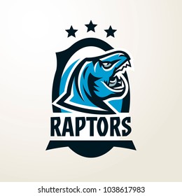 Emblem, sticker, badge, dinosaur head logo. Predator Jurassic, a dangerous beast, an extinct animal, a mascot, a jaw and sharp teeth. Lettering, shield, printing. Vector illustration