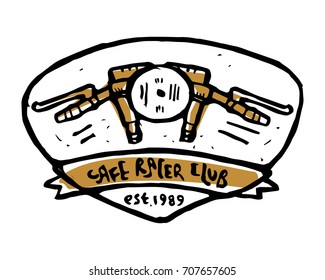 Emblem, sticker front view of cafe racer bike, spotlight and helm. Cafe racer club text