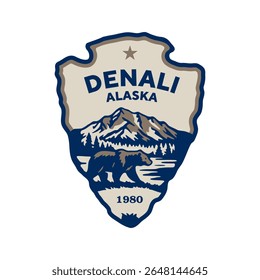 Emblem sticker logo illustration of Denali National Park, Alaska, USA.
