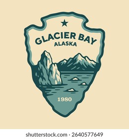 Emblem sticker logo illustration of Glacier Bay National Park, Alaska, USA.