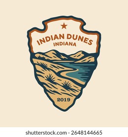Ilustração do logotipo do adesivo de emblema do Parque Nacional de Dunas Indianas, Indiana, EUA.