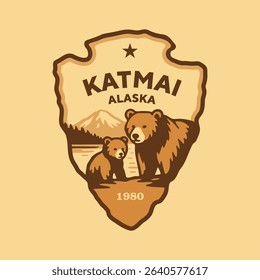 Emblem sticker logo illustration of Katmai National Park, Alaska, USA.