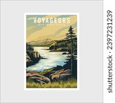 Emblem sticker patch logo illustration of Voyageurs National Park on dark background, lake and canoe vector badge
