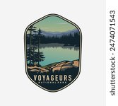 Emblem sticker patch logo illustration of Voyageurs National Park on dark background, lake and canoe vector badge
