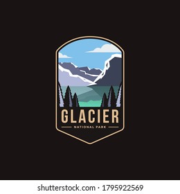 Emblem sticker patch logo illustration of Glacier National Park on dark background