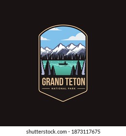 Emblem sticker patch logo illustration of Grand Teton National Park on dark background