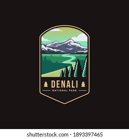 Emblem sticker patch logo illustration of Denali National Park on dark background