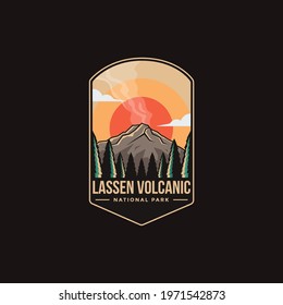 Emblem sticker patch logo illustration of Lassen Volcanic National park on dark background, volcano mountain vector badge