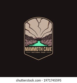 Emblem sticker patch logo illustration of Mammoth Cave National Park on dark background, river in cave vector badge