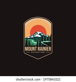 Emblem sticker patch logo illustration of Mount Rainier National park on dark background, mountain landscape vector badge