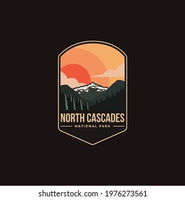 Emblem sticker patch logo illustration of North Cascades National park on dark background, mountain and forest vector badge