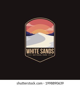 Emblem sticker patch logo illustration of White Sands National Park on dark background, white sand desert landscape vector badge