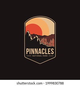 Emblem sticker patch logo illustration of Pinnacles National Park on dark background, canyon landscape vector badge