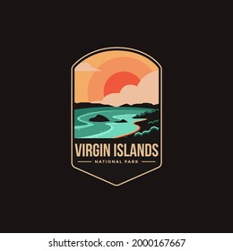 Emblem sticker patch logo illustration of Virgin Islands National park on dark background, beautiful seascape and island vector badge