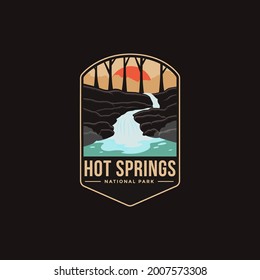 Emblem sticker patch logo illustration of Hot Springs National Park on dark background, riverscape vector badge svg