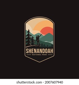 Emblem sticker patch logo illustration of Shenandoah National park on dark background, mountain explorer vector badge