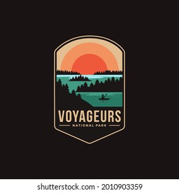 Emblem sticker patch logo illustration of Voyageurs National Park on dark background, lake and canoe vector badge