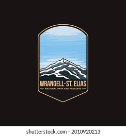 Emblem sticker patch logo illustration of Wrangell–St. Elias National Park and Preserve on dark background, snowcapped mountain vector badge