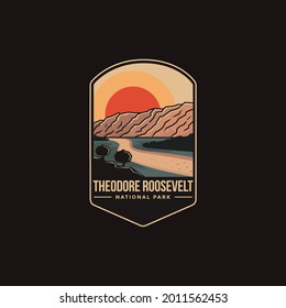 Emblem sticker patch logo illustration of Theodore Roosevelt National Park on dark background, canyon landscape vector badge