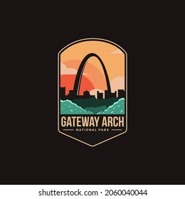 Emblem sticker patch logo illustration of Gateway Arch National Park on dark background, cityscape vector badge