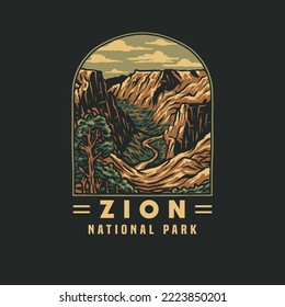 Emblem sticker patch logo illustration of Zion National Park, hand drawn line style with digital color, vector illustration