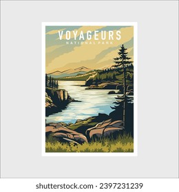 Emblem sticker patch logo illustration of Voyageurs National Park on dark background, lake and canoe vector badge