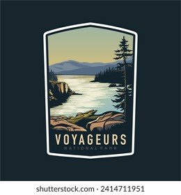 Emblem sticker patch logo illustration of Voyageurs National Park on dark background, lake and canoe vector badge