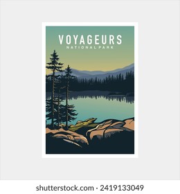 Emblem sticker patch logo illustration of Voyageurs National Park on dark background, lake and canoe vector badge