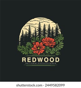 Emblem sticker patch logo illustration of Redwood National Park on dark background, forest vector badge