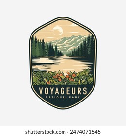 Emblem sticker patch logo illustration of Voyageurs National Park on dark background, lake and canoe vector badge