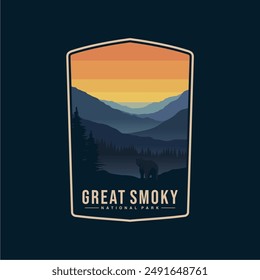 Emblem sticker patch logo illustration of Great Smoky Mountains National Park on dark background 