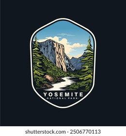 Ilustración del logotipo del parche de la etiqueta engomada del emblema del parque nacional de Yosemite en fondo oscuro