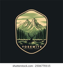 Ilustración del logotipo del parche de la etiqueta engomada del emblema del parque nacional de Yosemite en fondo oscuro