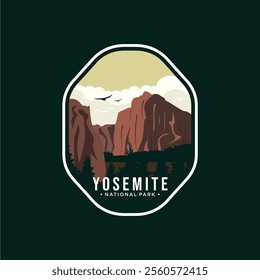 Emblem sticker patch logo illustration of Yosemite National Park on dark background