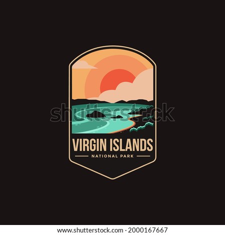 Emblem sticker patch logo illustration of Virgin Islands National park on dark background, beautiful seascape and island vector badge