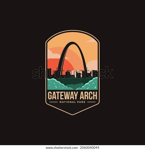Emblem sticker\
patch logo illustration of Gateway Arch National Park on dark\
background, cityscape vector\
badge