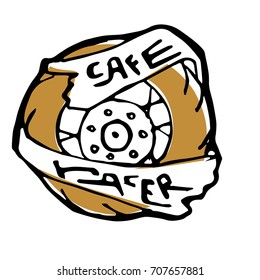 Emblem or sticker with text cafe racer on ribbon around bike wheel