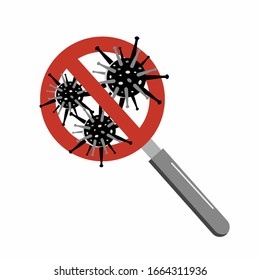 Emblem of the stop coronavirus COVID-19 through a magnifying glass, magnifier. Logo for the prevention of infections, micros. Outbreak of pandemic virus in China and public health risk.Isolated vector