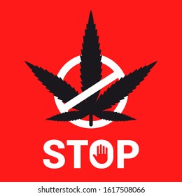emblem stop marijuana on a red background. crossed out plant. flat vector illustration.