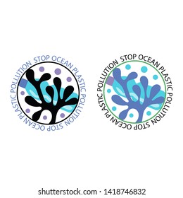 Emblem stop ocean plastic pollution. Round icons against ocean pollution and algae from plastic bottles vector logo