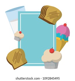 emblem style with ice cream and breads