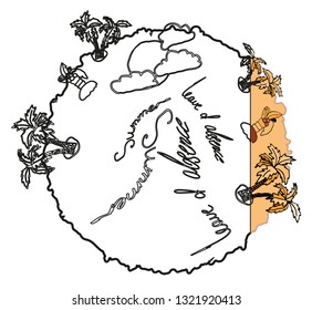 The emblem of summer vacation, depicts the stylized black-white contours of the planet and palm trees grow on it. With a different part in color.