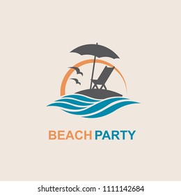 emblem of summer vacation with reclining chair and umbrella on island