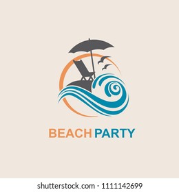 emblem of summer vacation with reclining chair and umbrella on island