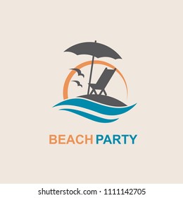 emblem of summer vacation with reclining chair and umbrella on island