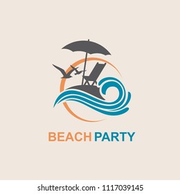 emblem of summer vacation with reclining chair and umbrella on island